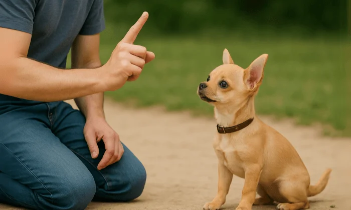 Persona enseñando a un cachorro de chihuahua sentado con atención en un entorno exterior — cómo educar a un chihuahua con refuerzo positivo