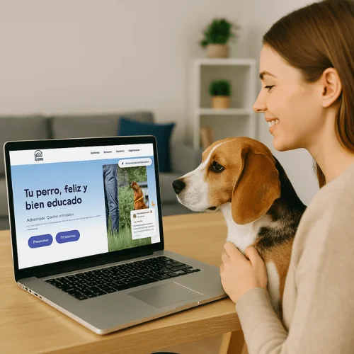 Mujer con su perro viendo en el portátil la web de un adiestrador canino en Madrid durante una asesoría online