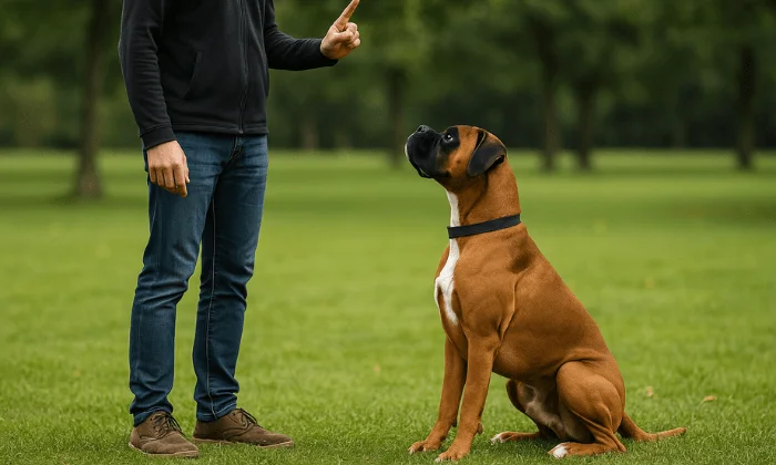 Adiestrador enseñando a un perro bóxer en el parque mediante una señal con la mano, representando el proceso de cómo educar un perro bóxer de forma efectiva y positiva