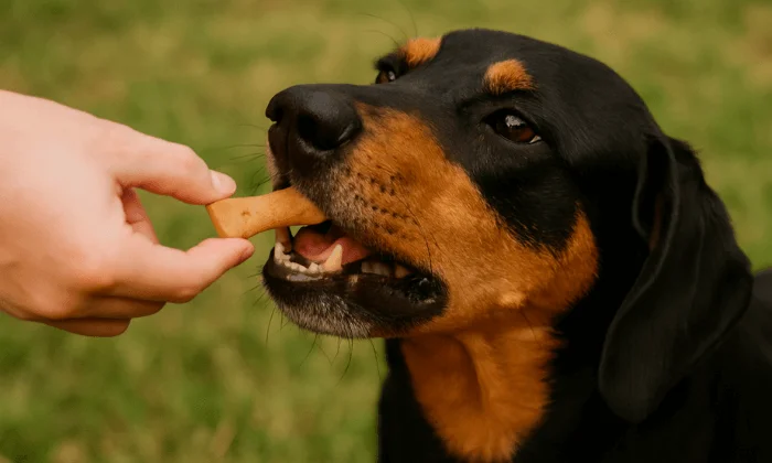 Persona dando una golosina a su perro como refuerzo positivo, ideal para aprender cómo enseñar a un perro su nombre