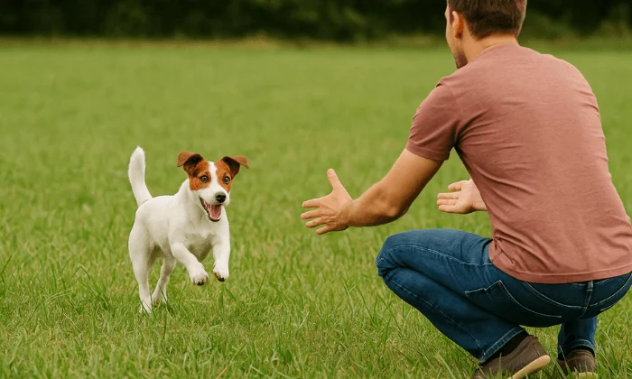 Perro corriendo hacia su dueño tras ser llamado por su nombre, ejemplo práctico de cómo enseñar a un perro su nombre