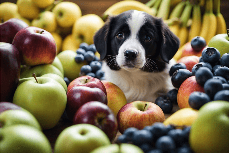 Cachorro rodeado de frutas como manzanas, plátanos y arándanos, representando qué frutas son buenas para los perros